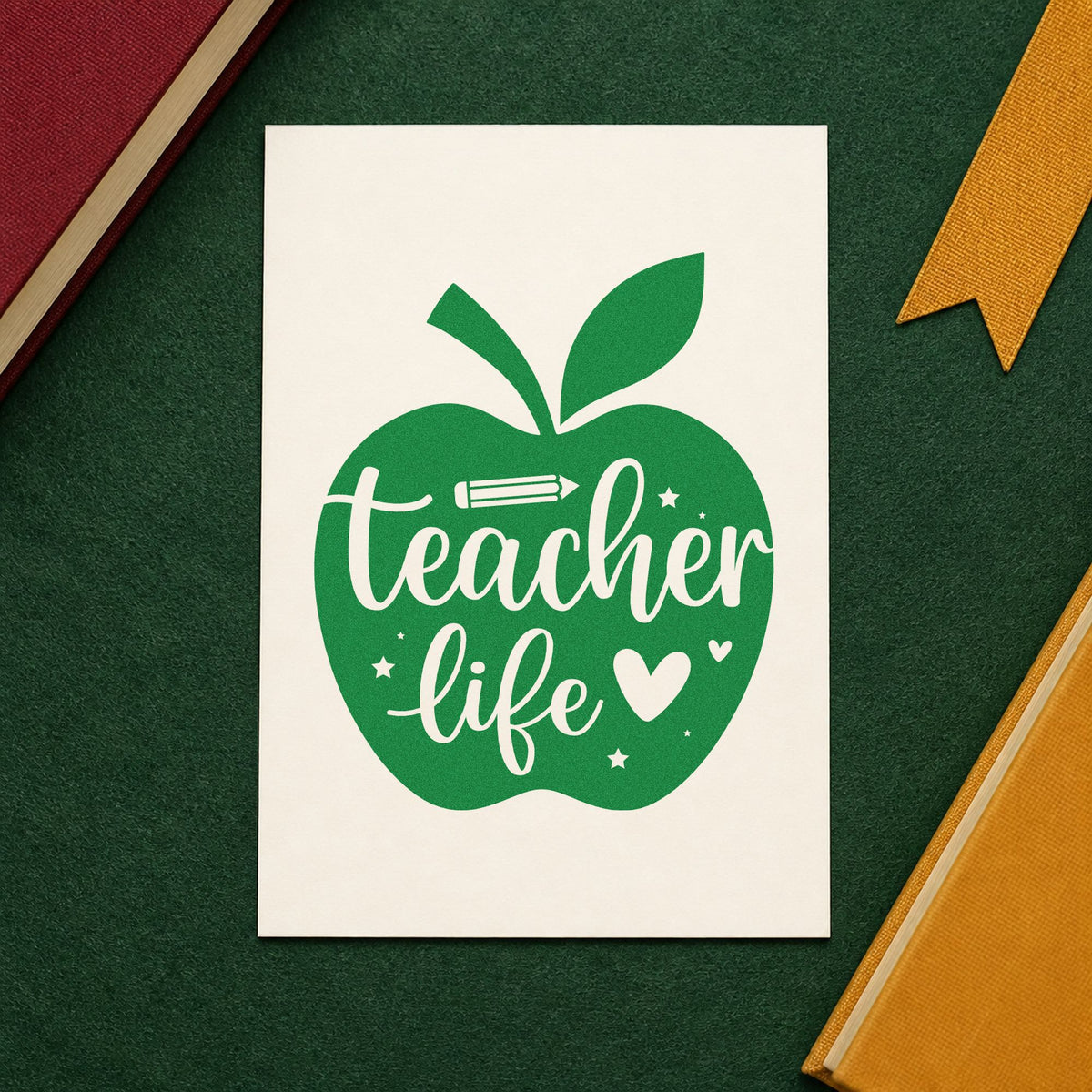 Teacher Life Apple craft stamp imprint in green ink on a handmade project, one idea being framed lounge art.