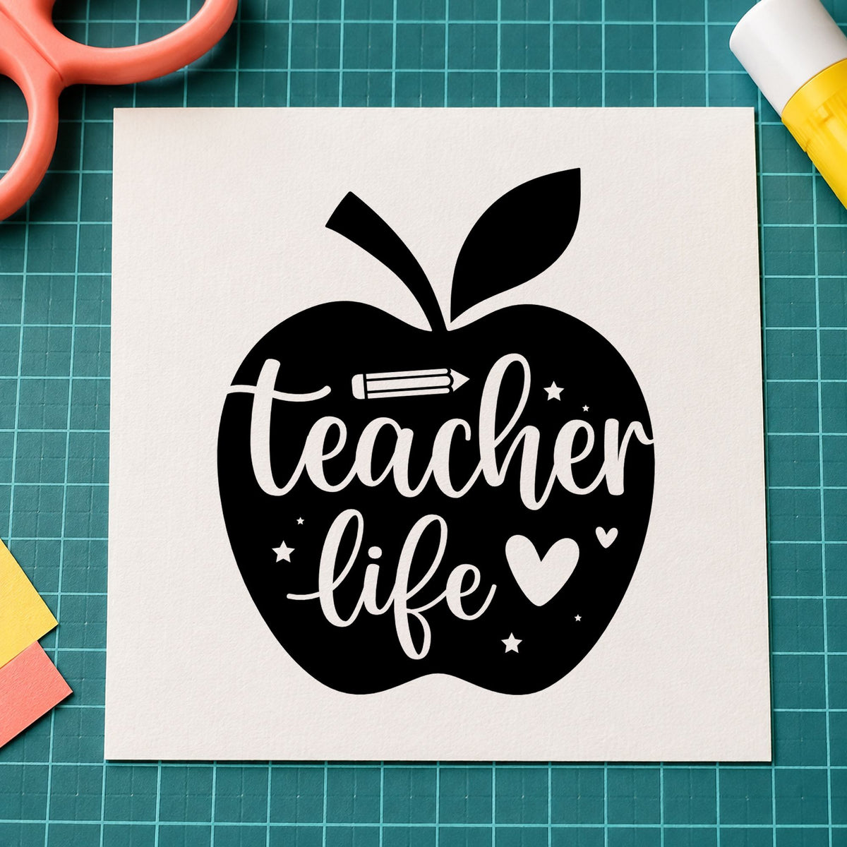 Teacher Life Apple rubber stamp printed in black ink, ready for solid apple cards and similar paper crafts.