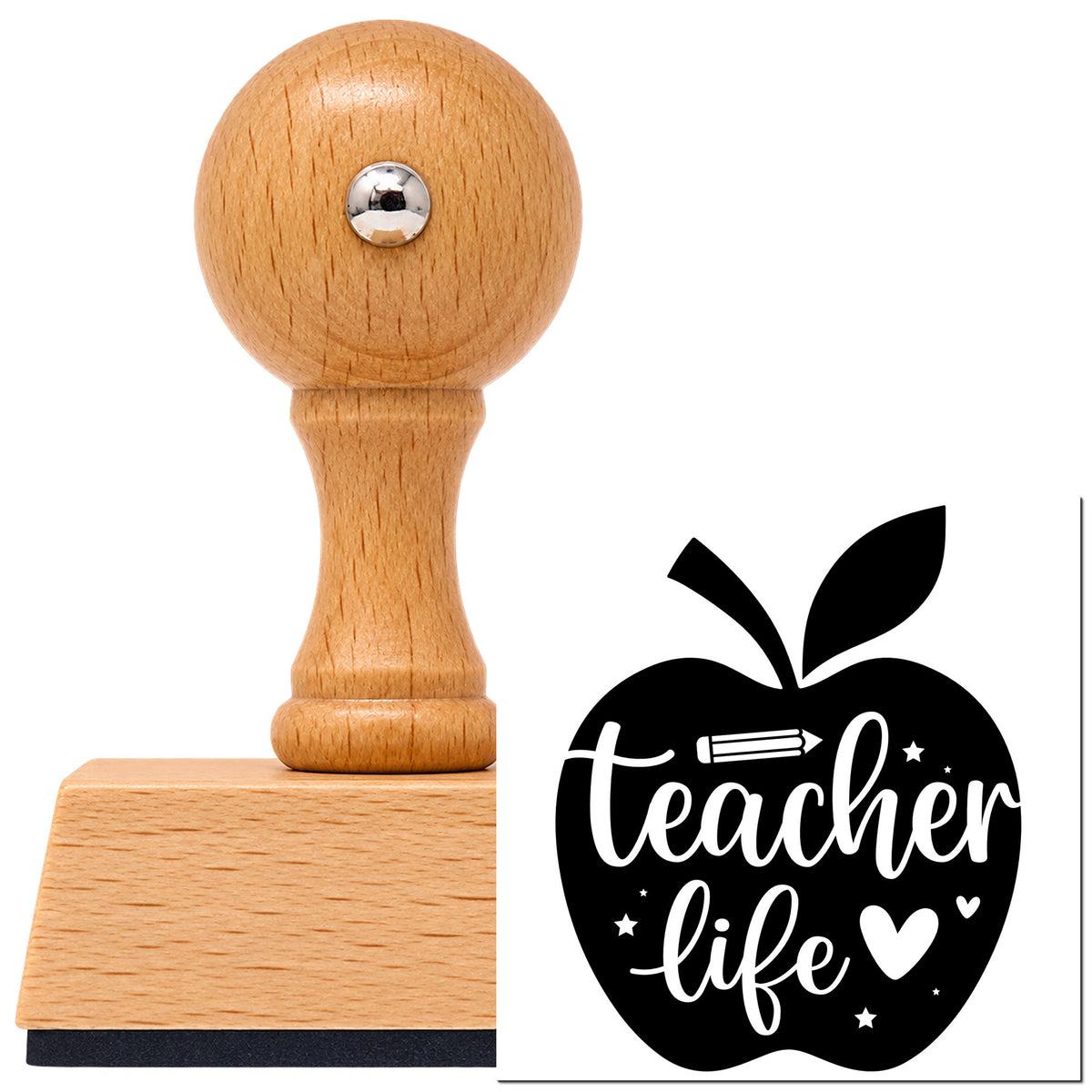 Vintage Pro beech wood stamp with a round knob handle, shown with its black Teacher Life Apple Pencil imprint on white.