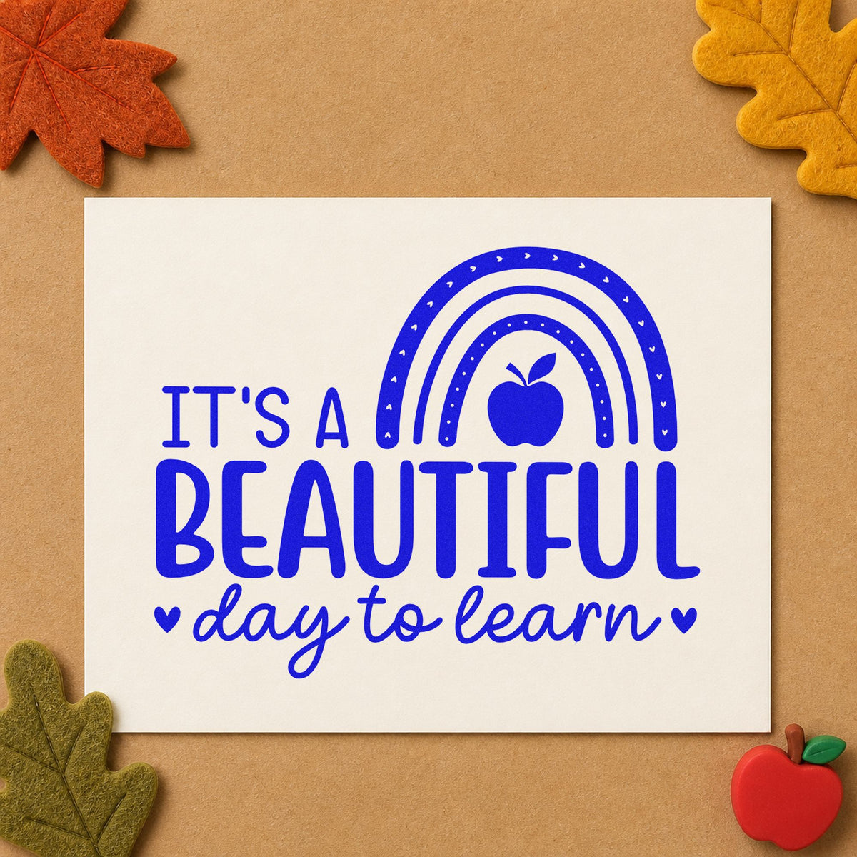 Beautiful Day to Learn craft stamp in blue ink on cardstock, an easy option for reading corner pillows.