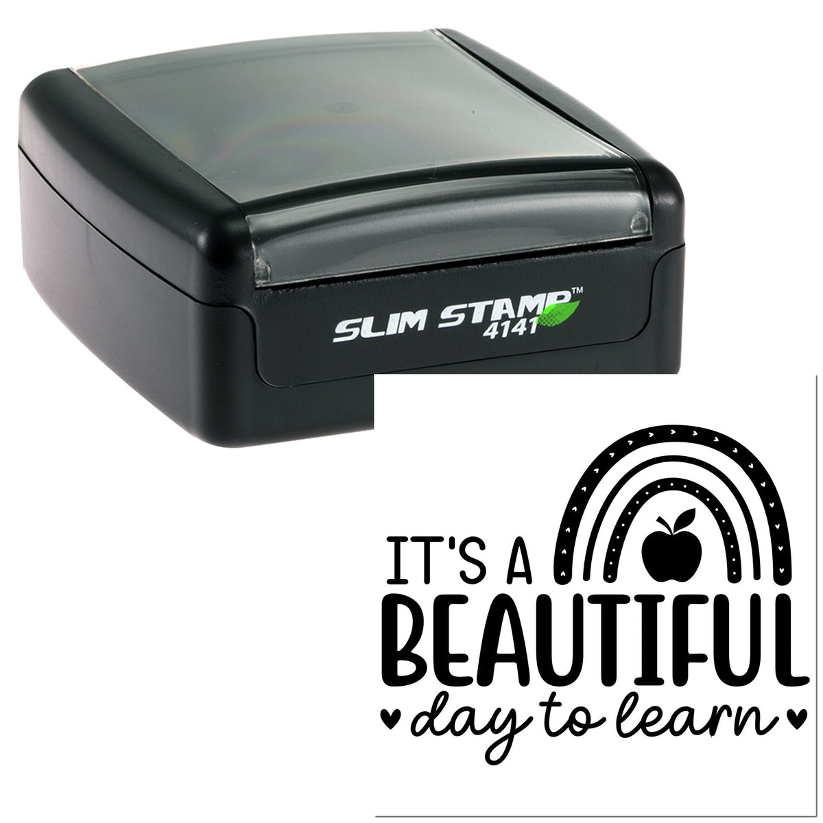 Black Slim Stamp self-inking stamp and seal with rainbow, apple icon, and Its a beautiful day to learn text