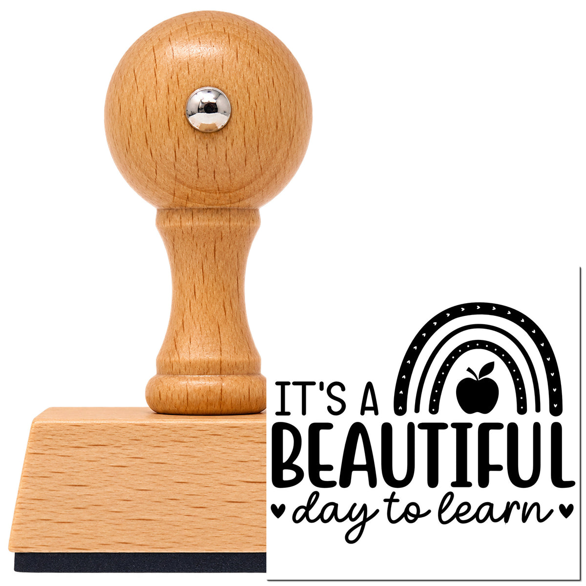 Vintage Pro beech wood stamp with a round knob handle, shown with its black It's A Beautiful Day To Learn imprint on white.