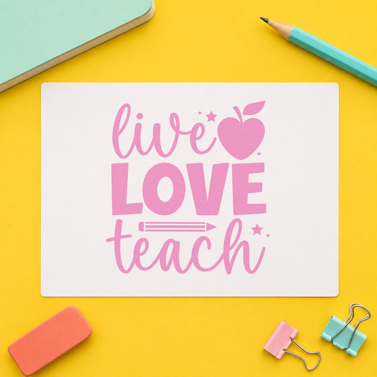 Live Love Teach craft stamp in purple ink on cardstock, an easy option for mentor thank-you tags.
