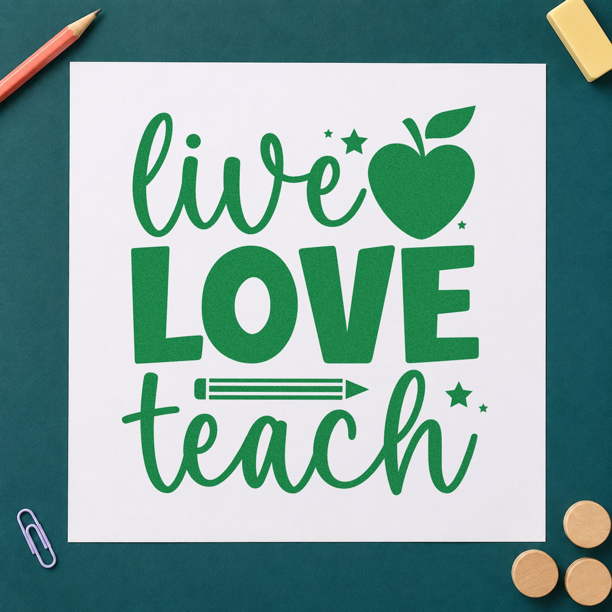 Live Love Teach craft stamp imprint in green ink on a handmade project, one idea being lesson plan pages.