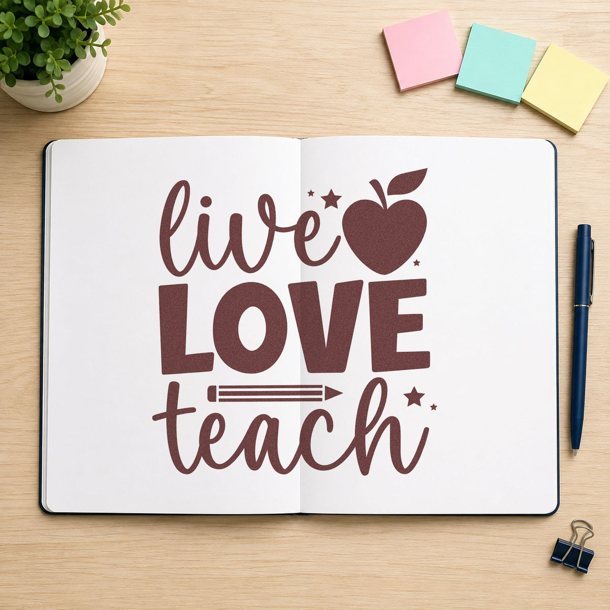 Live Love Teach rubber stamp printed in brown ink, ready for star chart crafts and similar paper crafts.