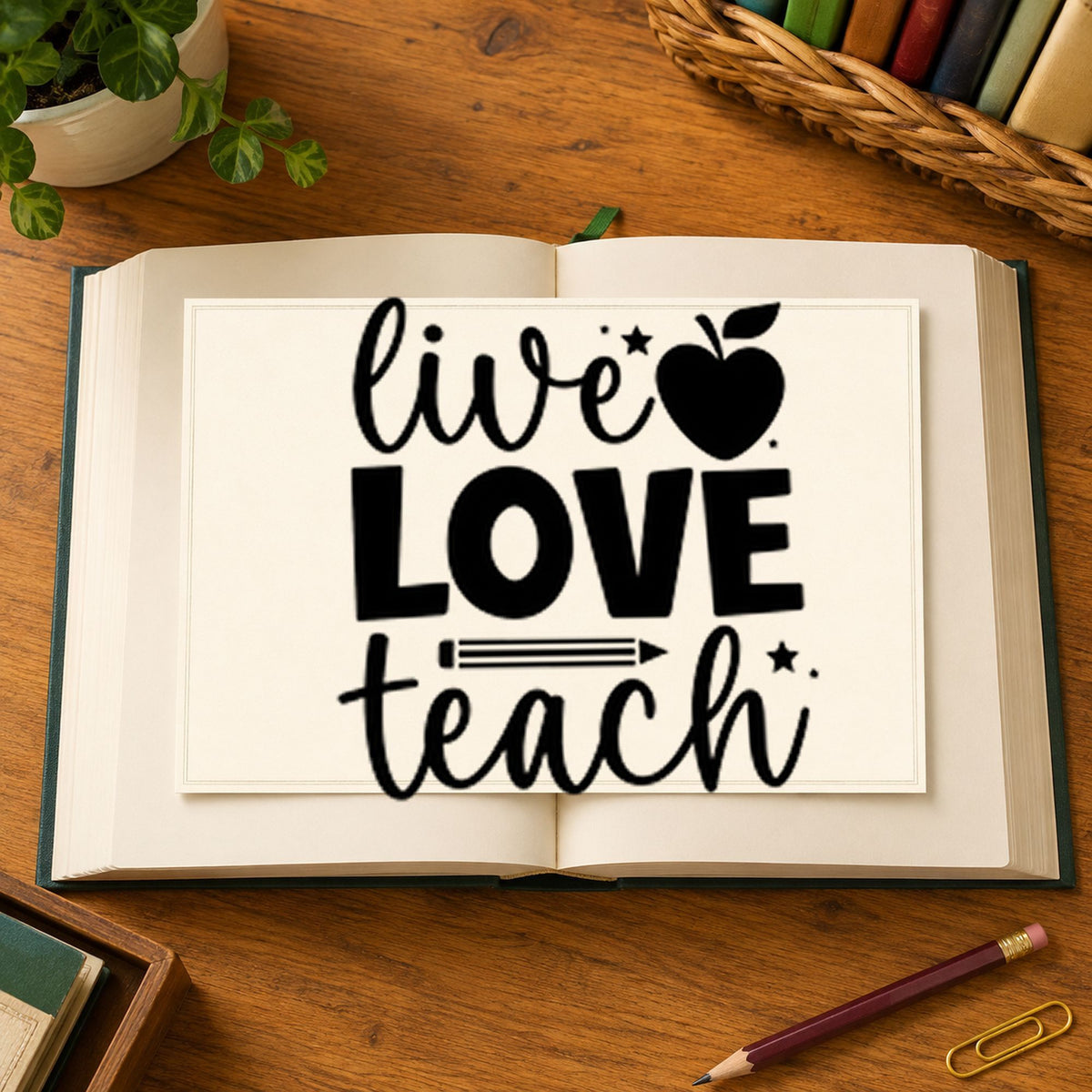 Live Love Teach rubber stamp printed in black ink, ready for stacked three cards and similar paper crafts.