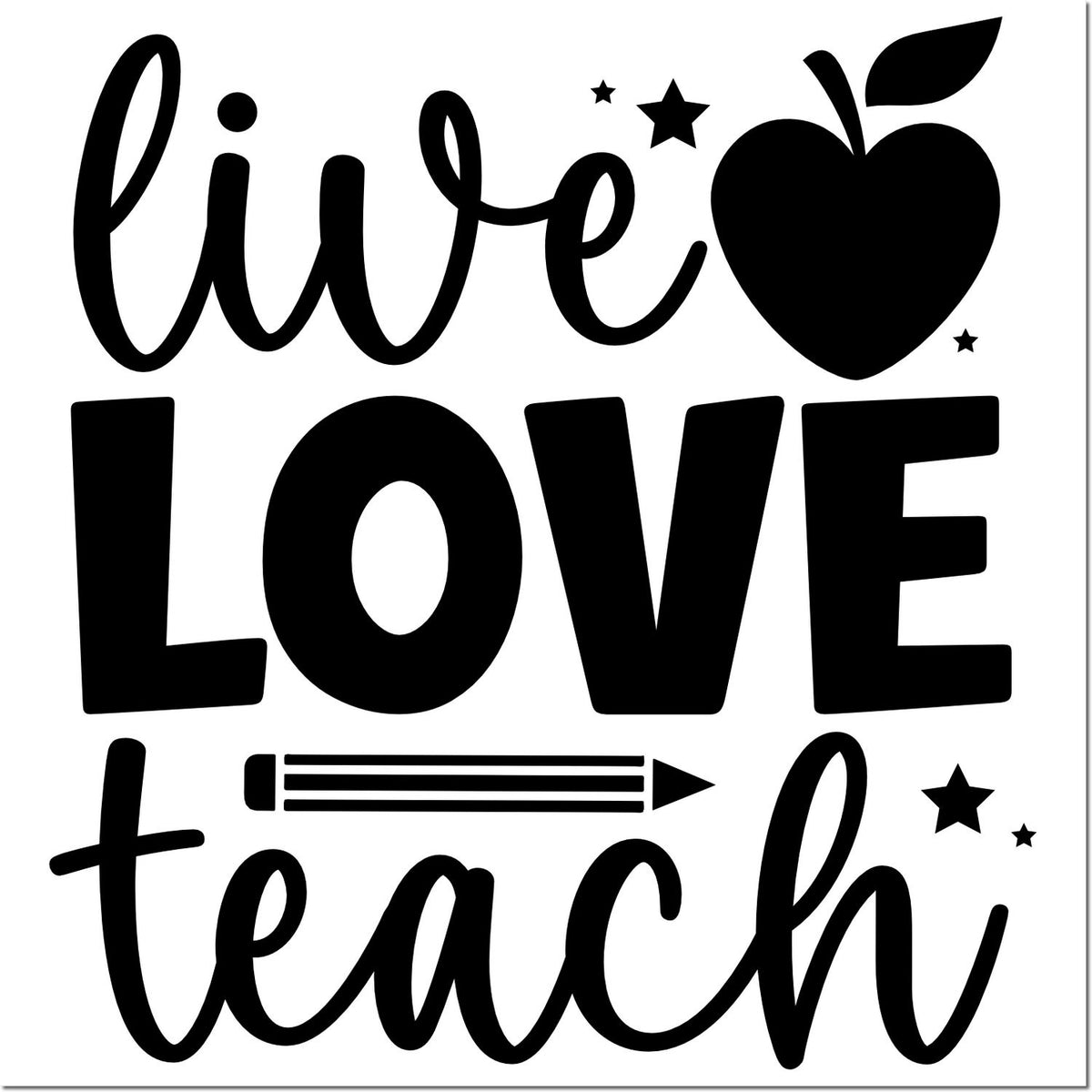 Black live love teach teacher stamp with apple, stars, and pencil icon on white background
