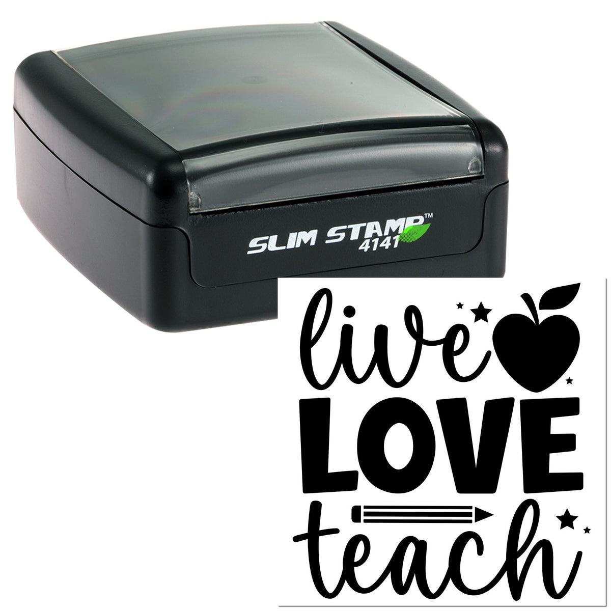 Black Slim Stamp 4141 self-inking stamp with live love teach seal, apple, pencil, and stars.