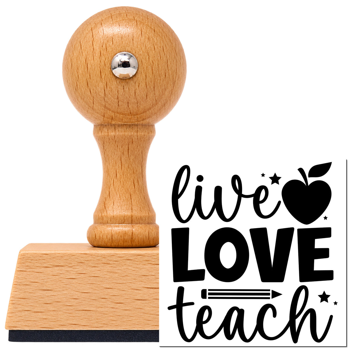 Vintage Pro beech wood stamp with a round knob handle, shown with its black Live Love Teach Apple imprint on white.