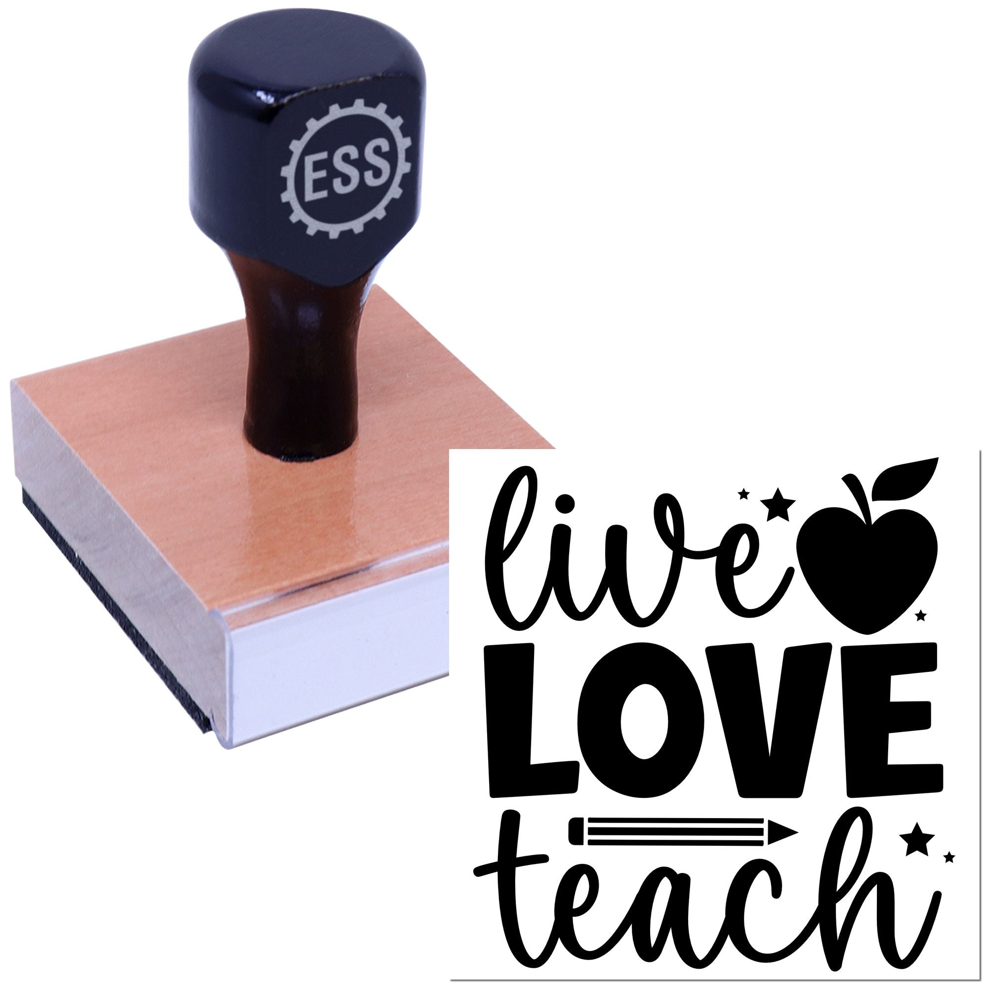 Dark blue ESS stamp on wooden block with black live love teach seal design and apple icon.