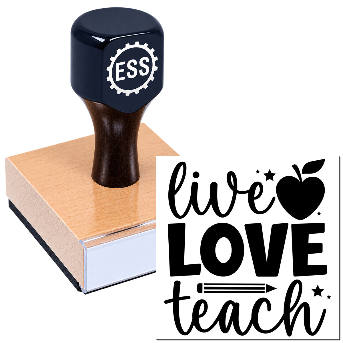 Dark blue ESS stamp on wooden block with black "live love teach" seal design and apple icon.