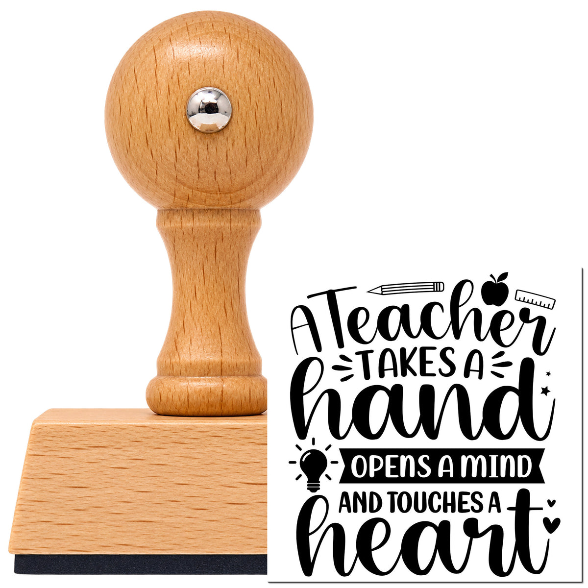 Vintage Pro beech wood stamp with a round knob handle, shown with its black A Teacher Takes A Hand School Tools imprint on white.
