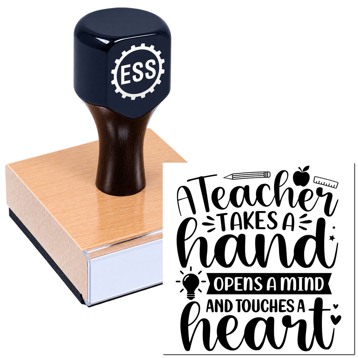 Black self-inking ESS stamp on a pink wooden block, beside a teacher-themed hand-lettered seal design.