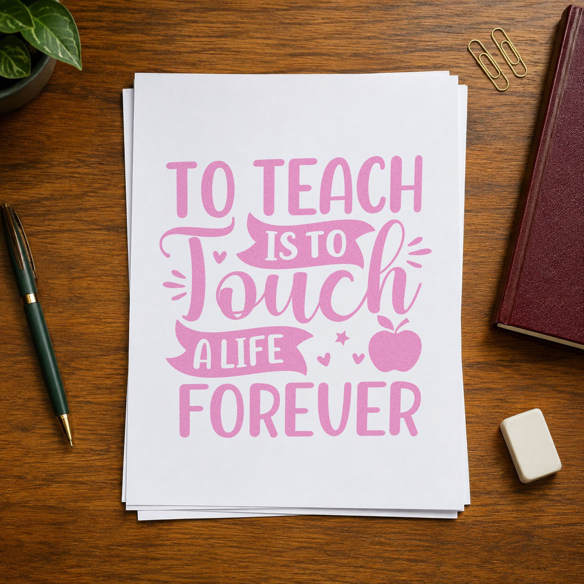 To Teach Is to Touch craft stamp in purple ink on cardstock, an easy option for farewell party tags.