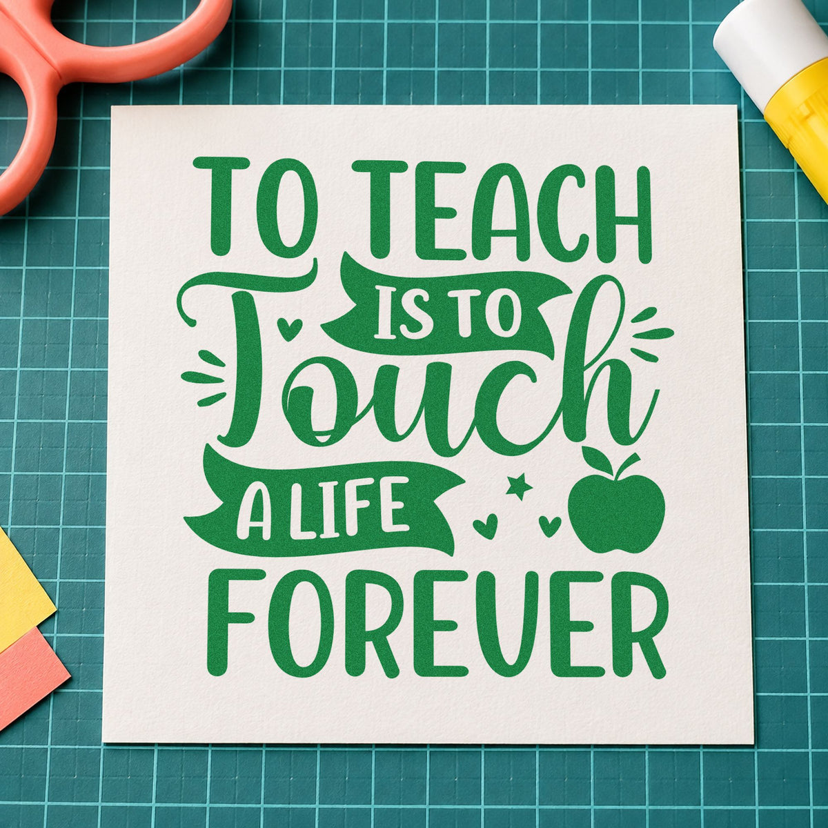To Teach Is to Touch craft stamp imprint in green ink on a handmade project, one idea being memory book pages.