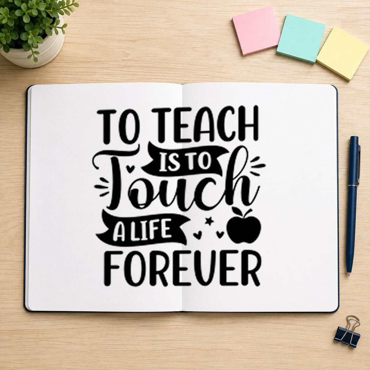 To Teach Is to Touch rubber stamp printed in black ink, ready for banner apple cards and similar paper crafts.