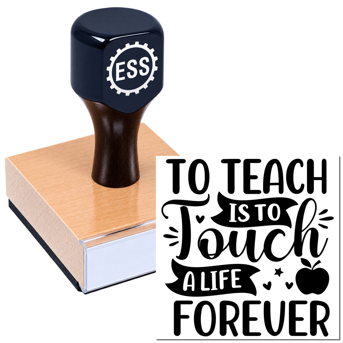 Black rubber stamp with ESSL logo on a pink seal block, featuring the quote "To Teach Is to Touch a Life Forever."
