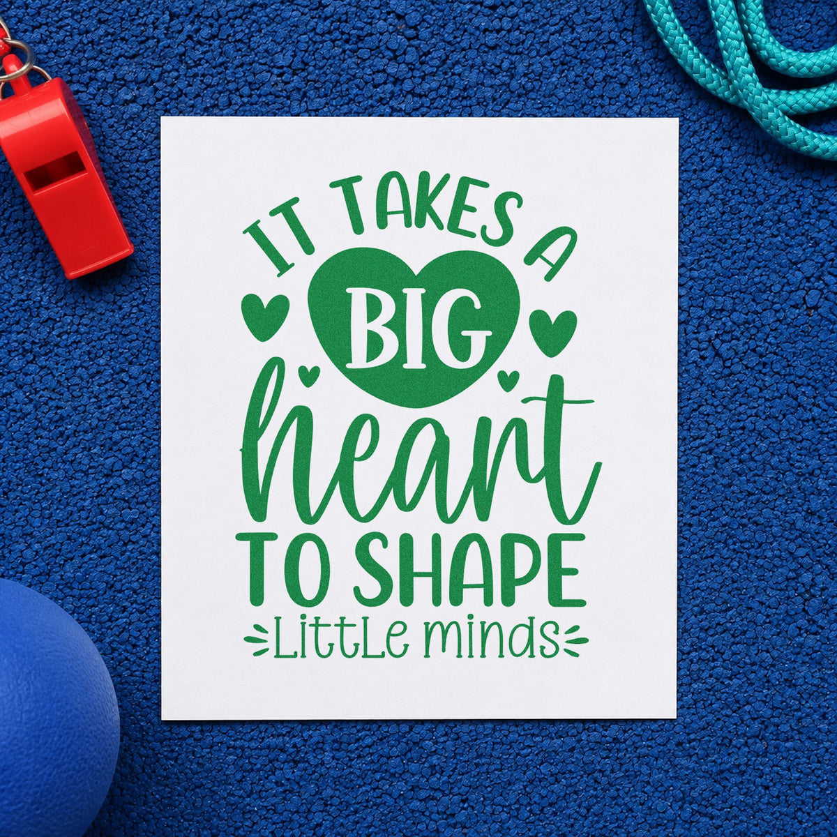 Big Heart Shapes Little Minds craft stamp imprint in green ink on a handmade project, one idea being nap mat labels.