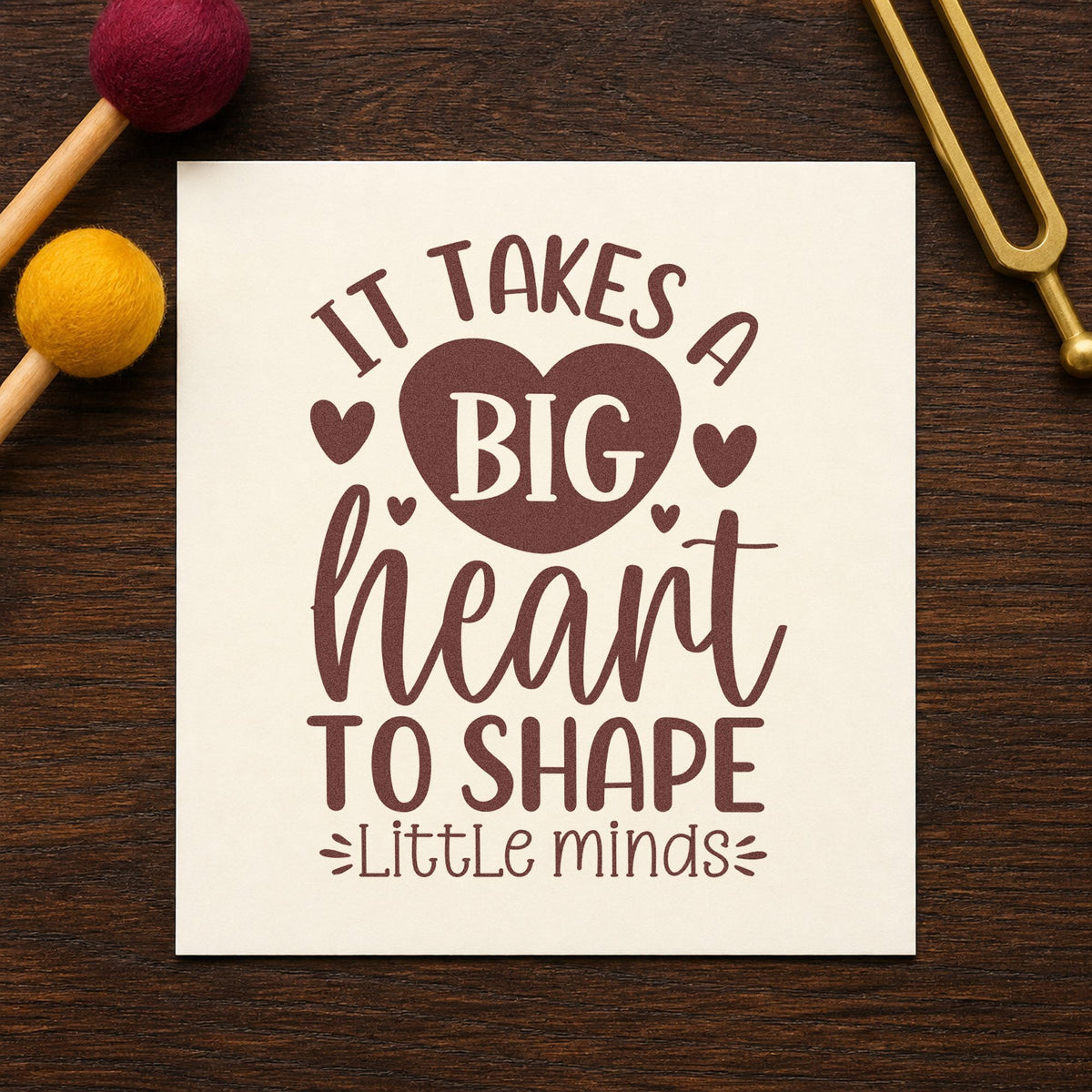 Big Heart Shapes Little Minds rubber stamp printed in brown ink, ready for valentine box pages and similar paper crafts.