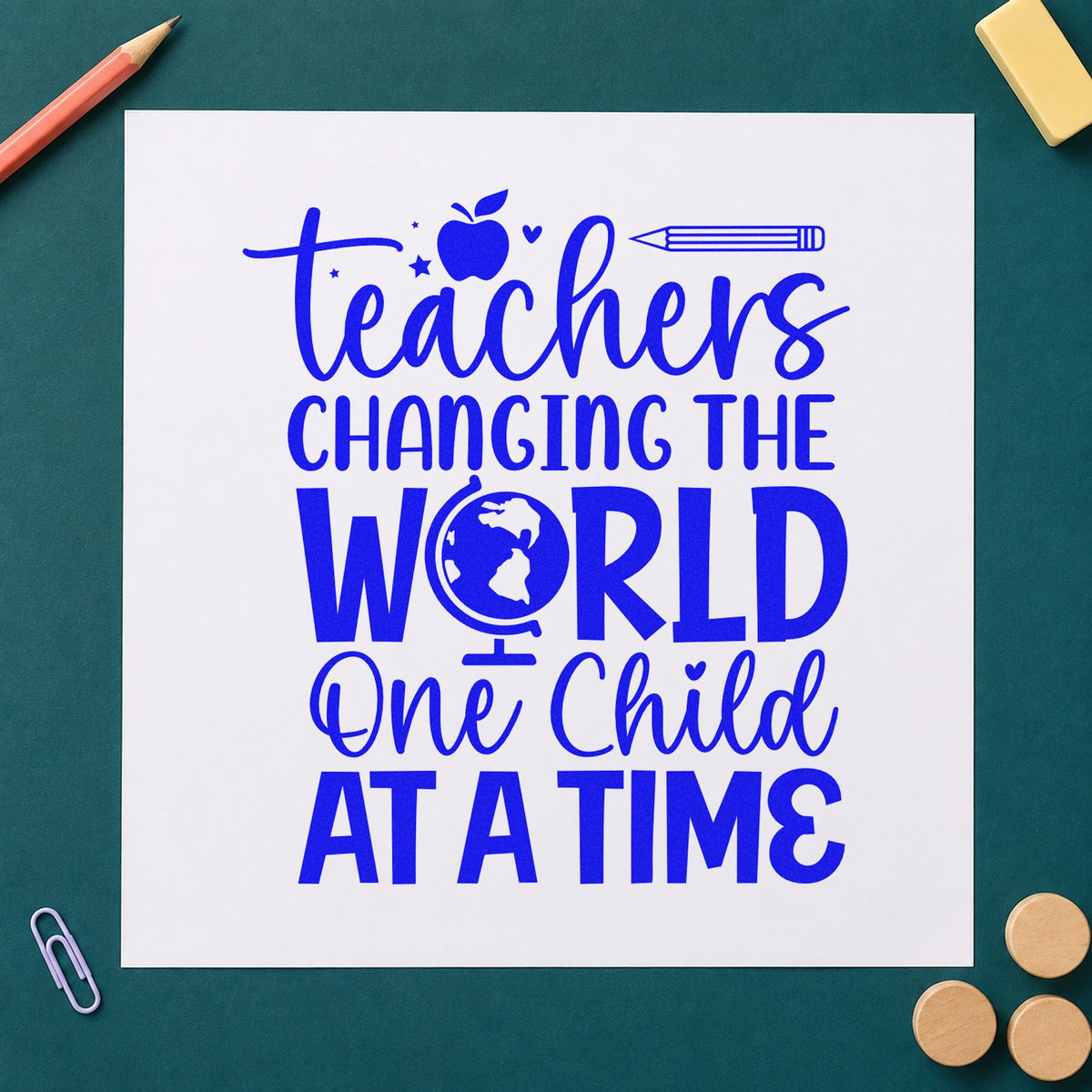 Teachers Changing the World craft stamp in blue ink on cardstock, an easy option for exchange trip totes.