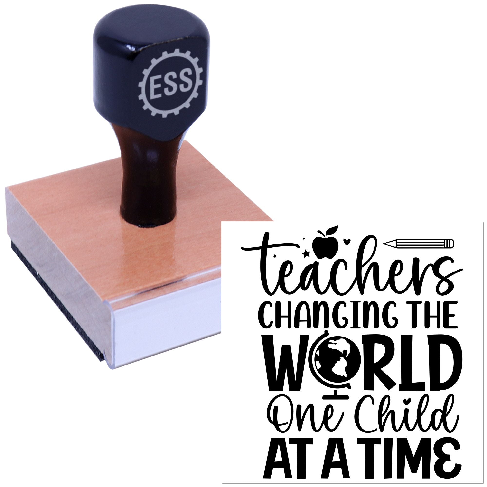 Black ESS stamp on a copper-colored seal block beside a teacher-themed classroom transfer design.