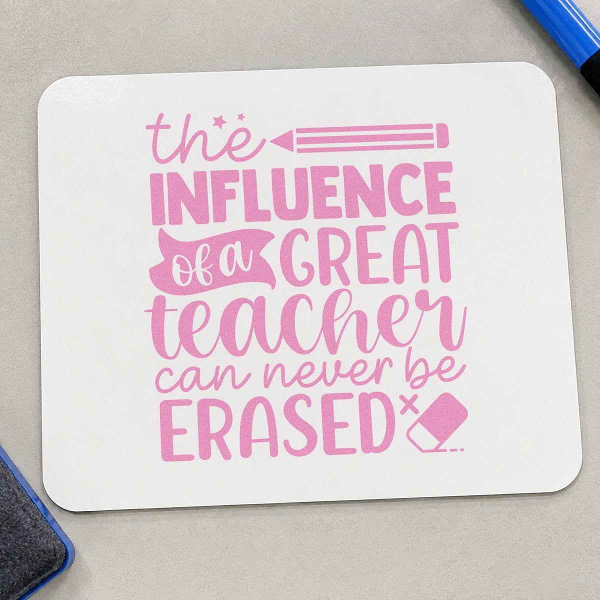 Great Teacher Influence craft stamp in purple ink on cardstock, an easy option for reunion table tags.
