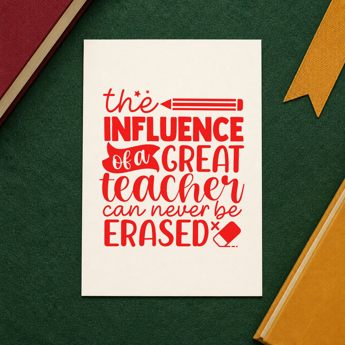Great Teacher Influence rubber stamp shown in red ink, stamped for projects such as late thank-you notes.