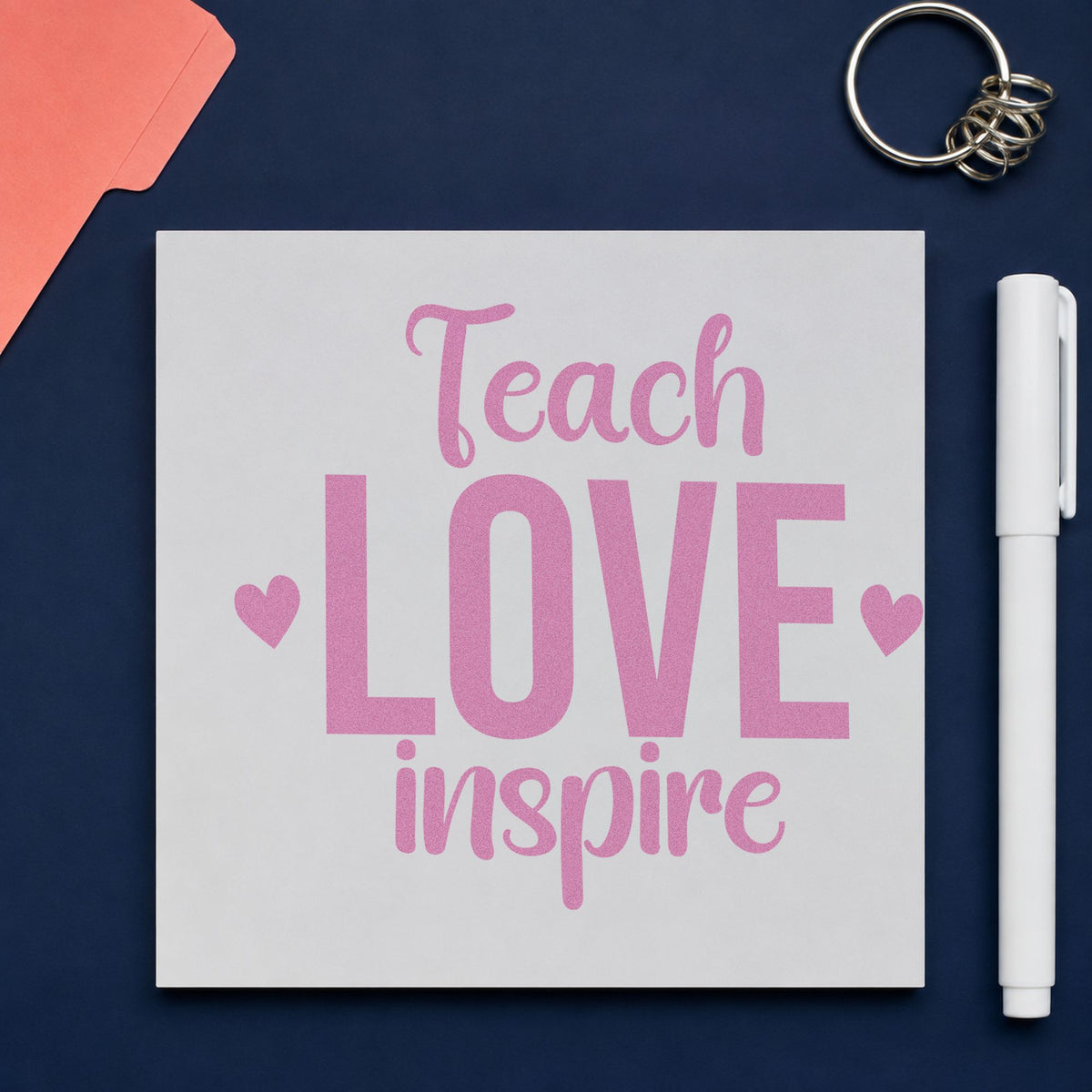 Teach Love Inspire craft stamp in purple ink on cardstock, an easy option for mentorship gift tags.