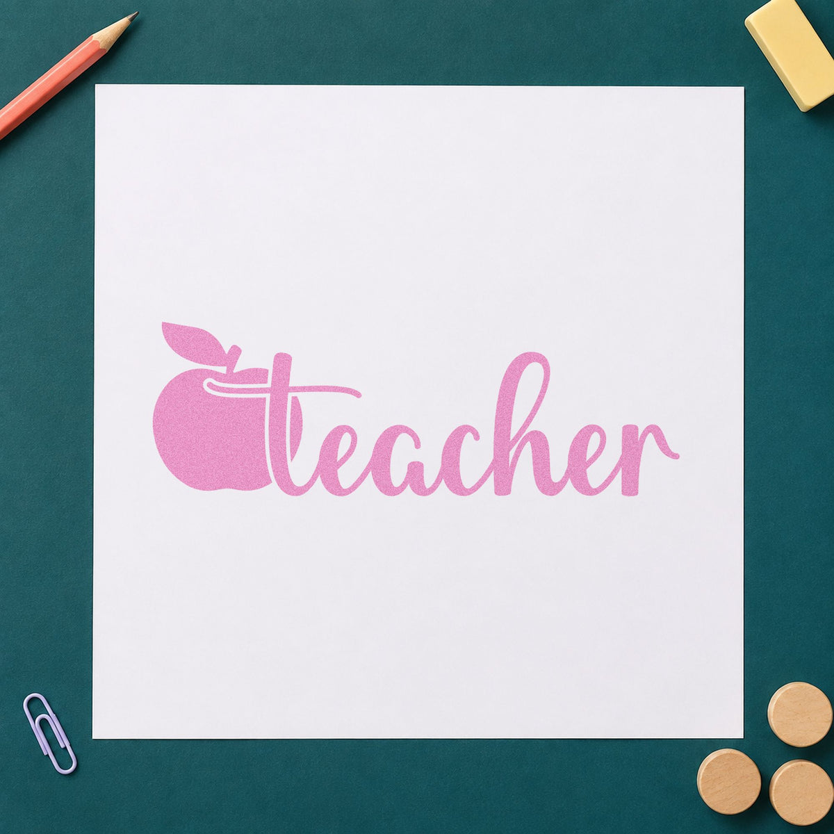 Teacher Apple Script craft stamp in purple ink on cardstock, an easy option for name plate tags.