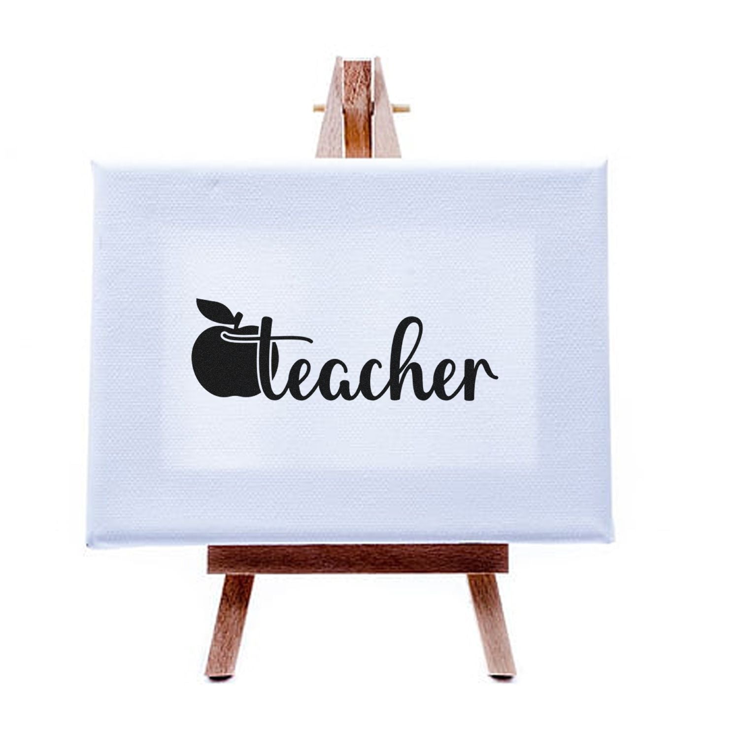 Teacher stamp/seal design on white canvas with black apple icon, displayed on a wooden easel.