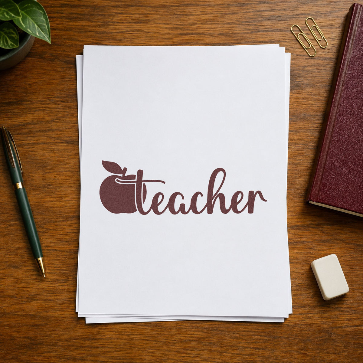 Teacher Apple Script rubber stamp printed in brown ink, ready for apple coaster crafts and similar paper crafts.