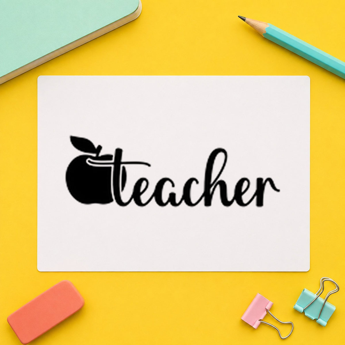 Teacher Apple Script rubber stamp printed in black ink, ready for apple script cards and similar paper crafts.