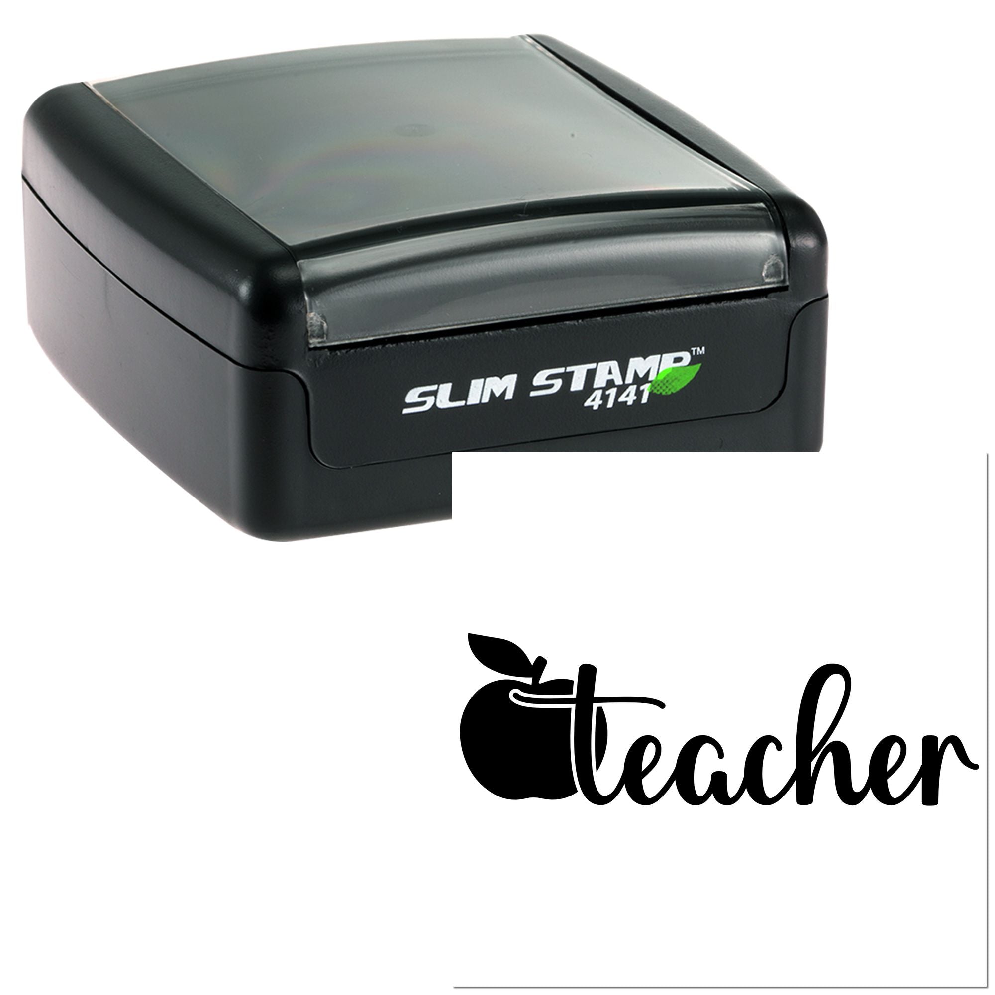 Black slim self-inking stamp with translucent gray cover and Teacher apple seal logo, model 4141.