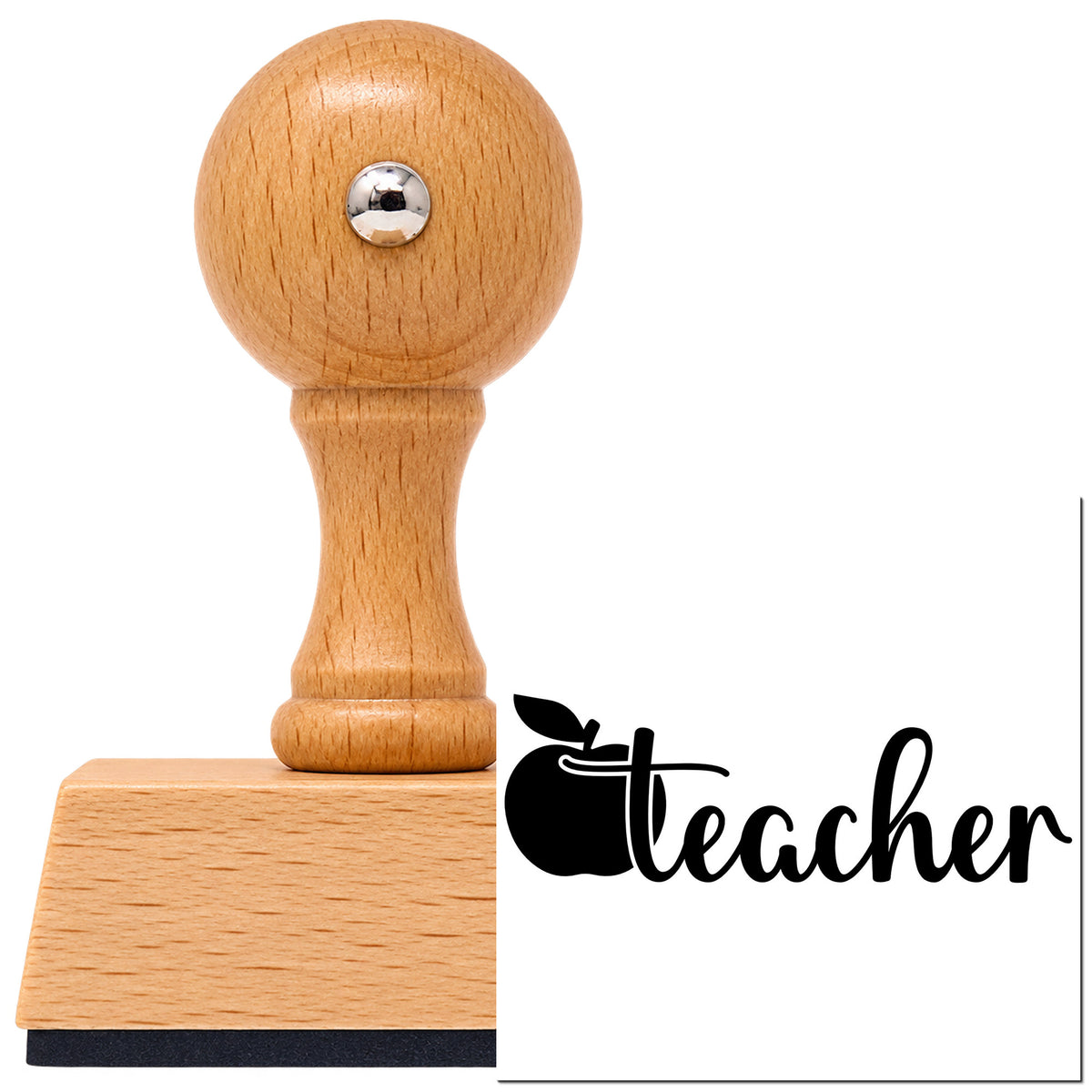 Vintage Pro beech wood stamp with a round knob handle, shown with its black Flowing Teacher Apple Script imprint on white.