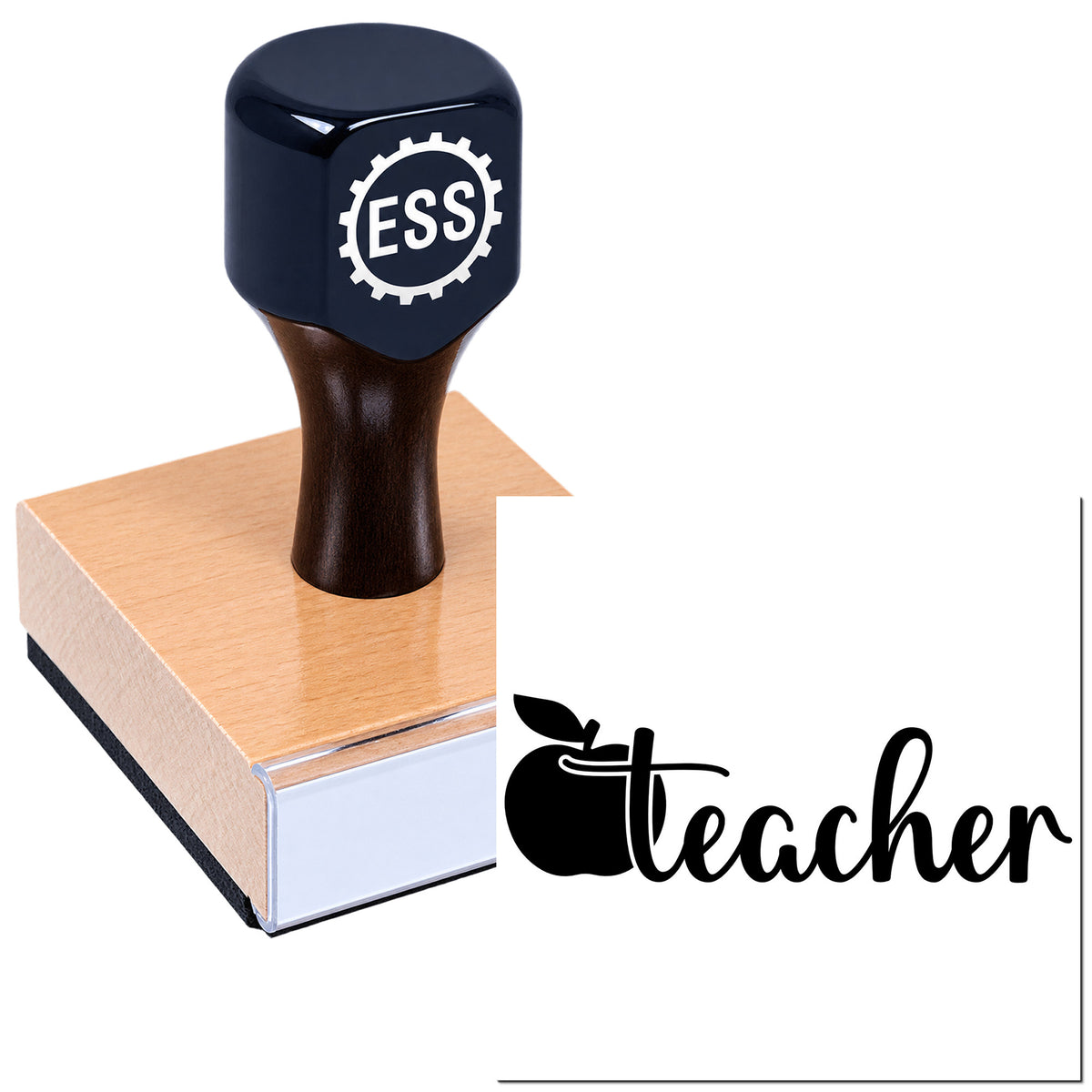 Black ESS rubber stamp and seal on a pink wooden block, with gear logo and Teacher text.