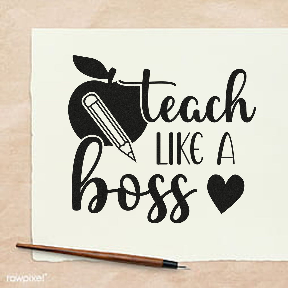 Black teacher stamp and seal design with apple, pencil, and heart on cream background, reading teach like a boss