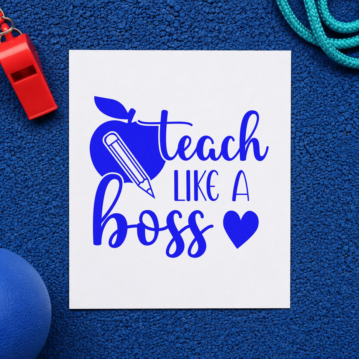 Teach Like a Boss craft stamp in blue ink on cardstock, an easy option for blazer lapel panels.
