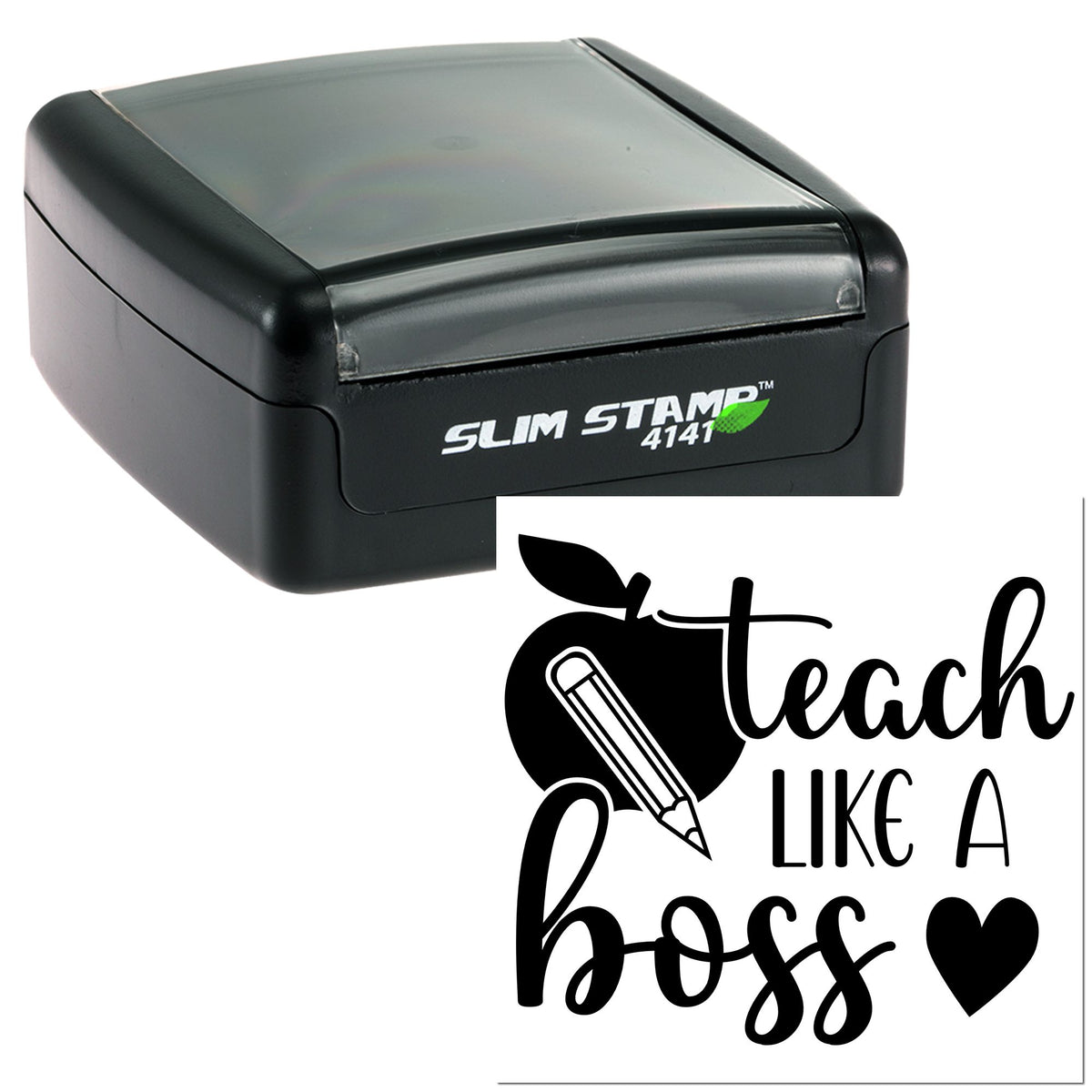 Black Slim Stamp 4141 self-inking stamp and seal with Teach like a boss pencil-and-heart design.