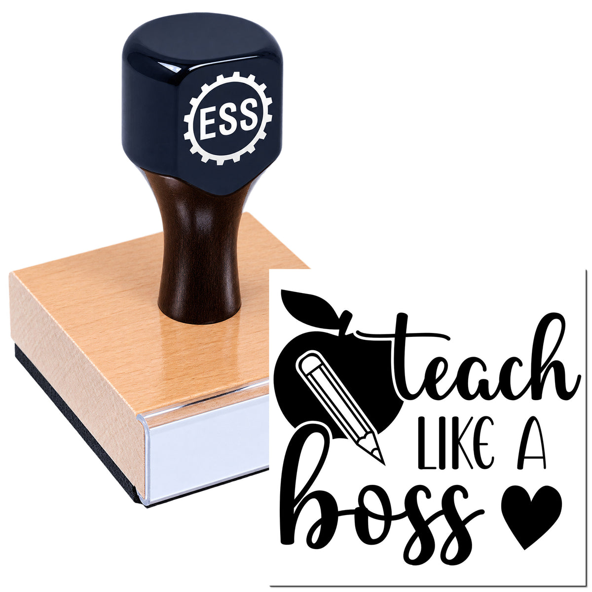 Dark navy ESS rubber stamp on a wooden seal block, featuring a black-and-white Teach Like a Boss design.