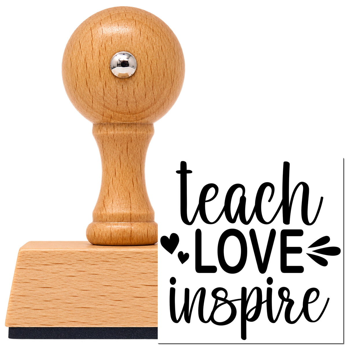 Vintage Pro beech wood stamp with a round knob handle, shown with its black Teach Love Inspire Hearts imprint on white.