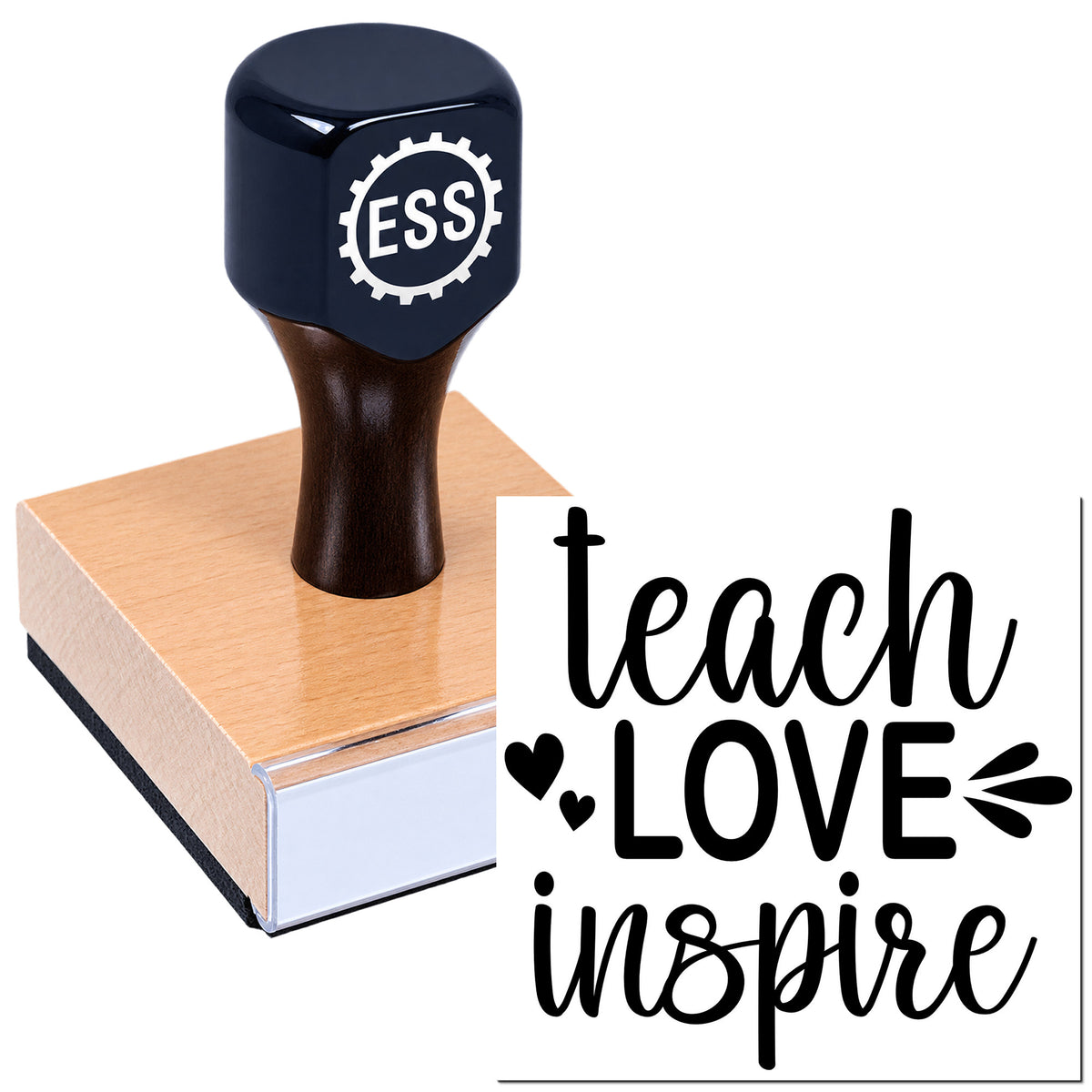 Black ESS self-inking stamp and seal on pink block with "teach LOVE inspire" and heart accents.