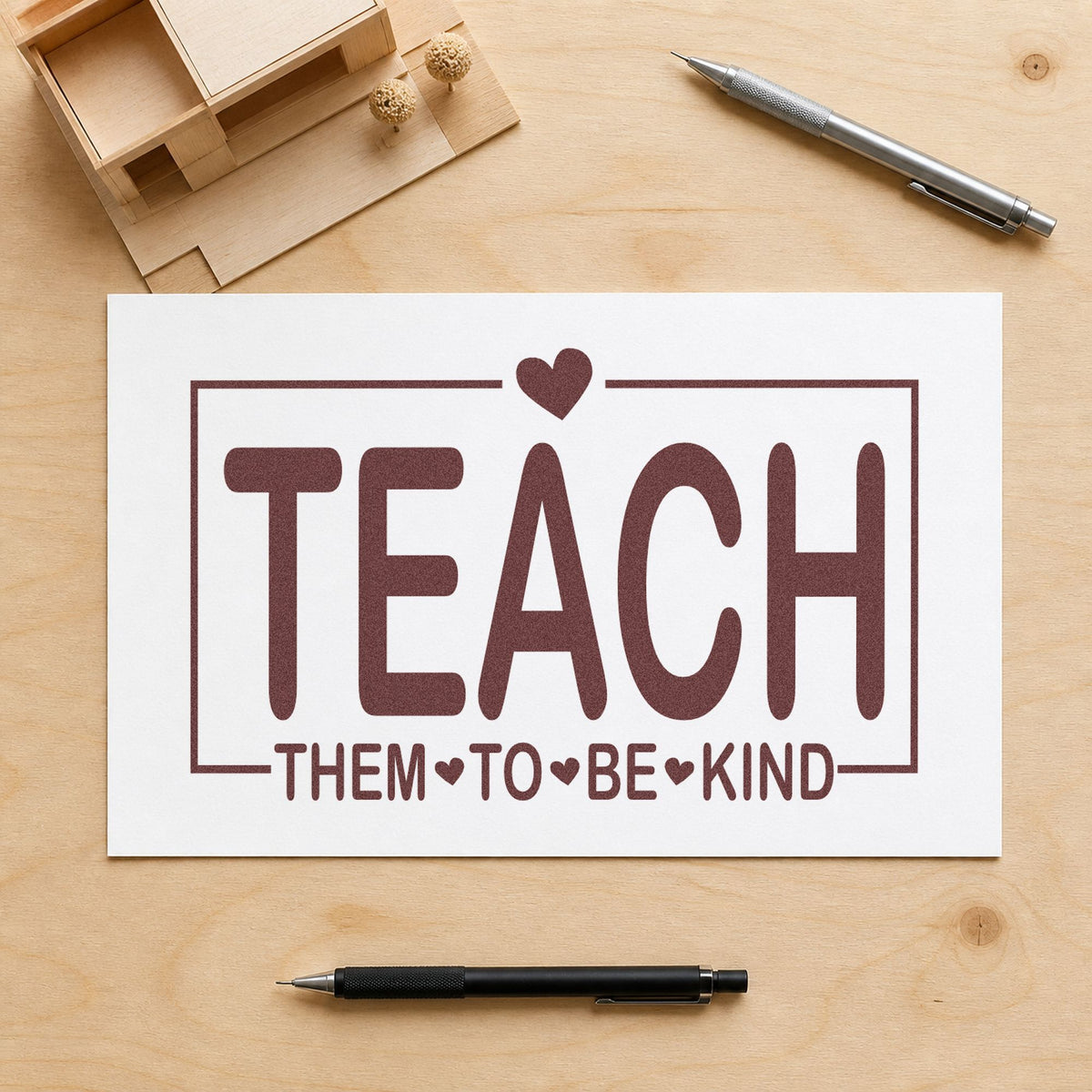 Teach Them to Be Kind rubber stamp printed in brown ink, ready for lunch note crafts and similar paper crafts.