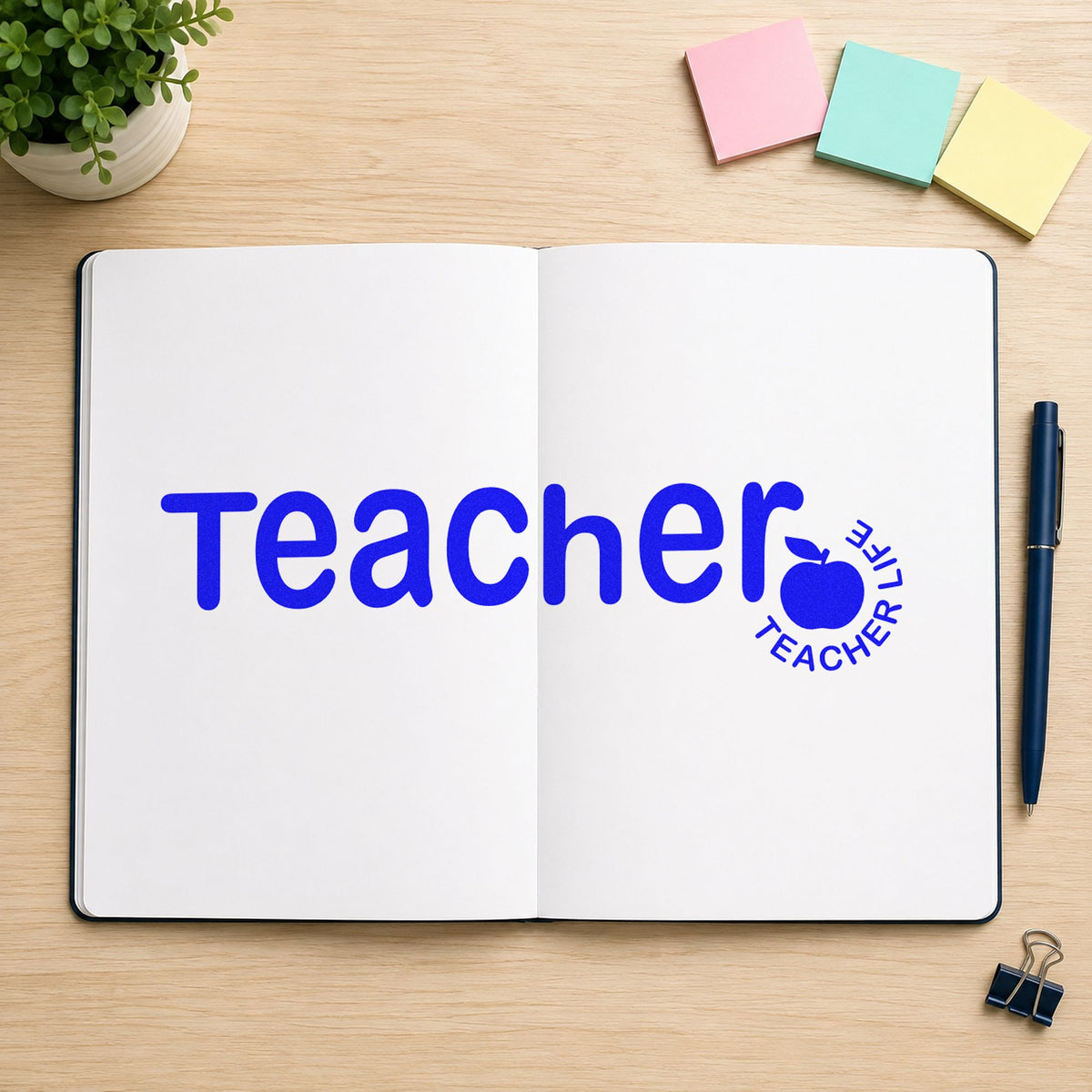 Teacher Life Apple craft stamp in blue ink on cardstock, an easy option for ribbon lanyard panels.