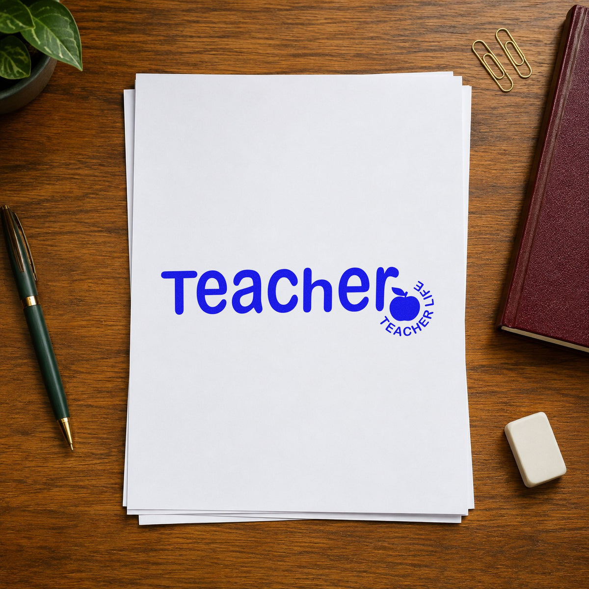 Teacher Life Apple craft stamp imprinted in blue ink on paper, a design suited to jar lid labels.