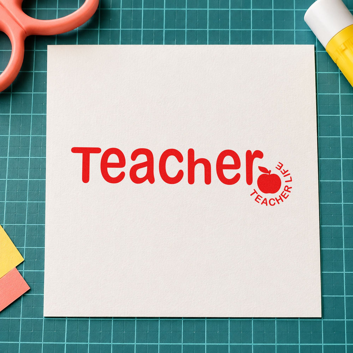 Teacher Life Apple rubber stamp shown in red ink, stamped for projects such as mentor match notes.
