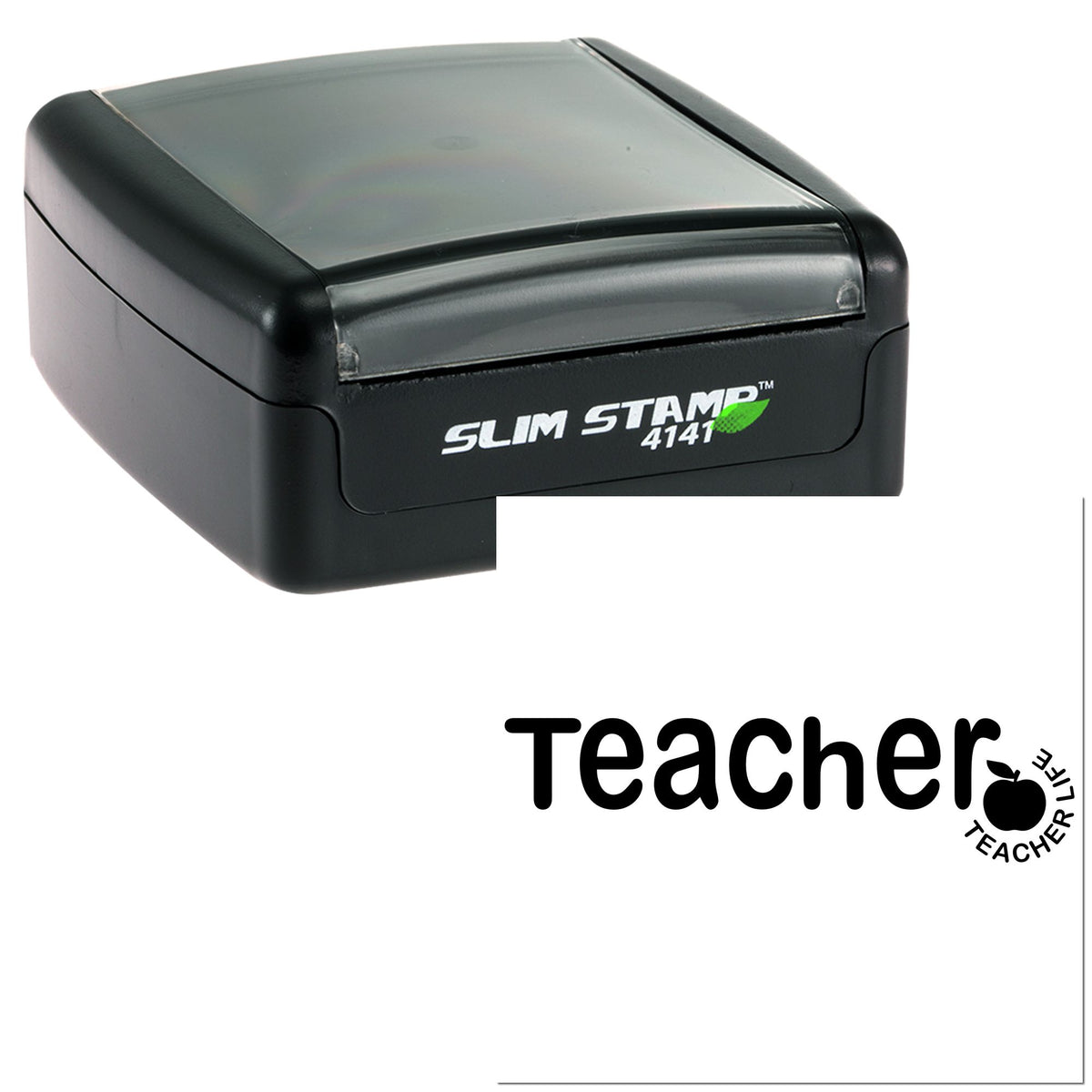 Black Slim Stamp 4141 self-inking teacher stamp with clear cover and apple seal on white background.