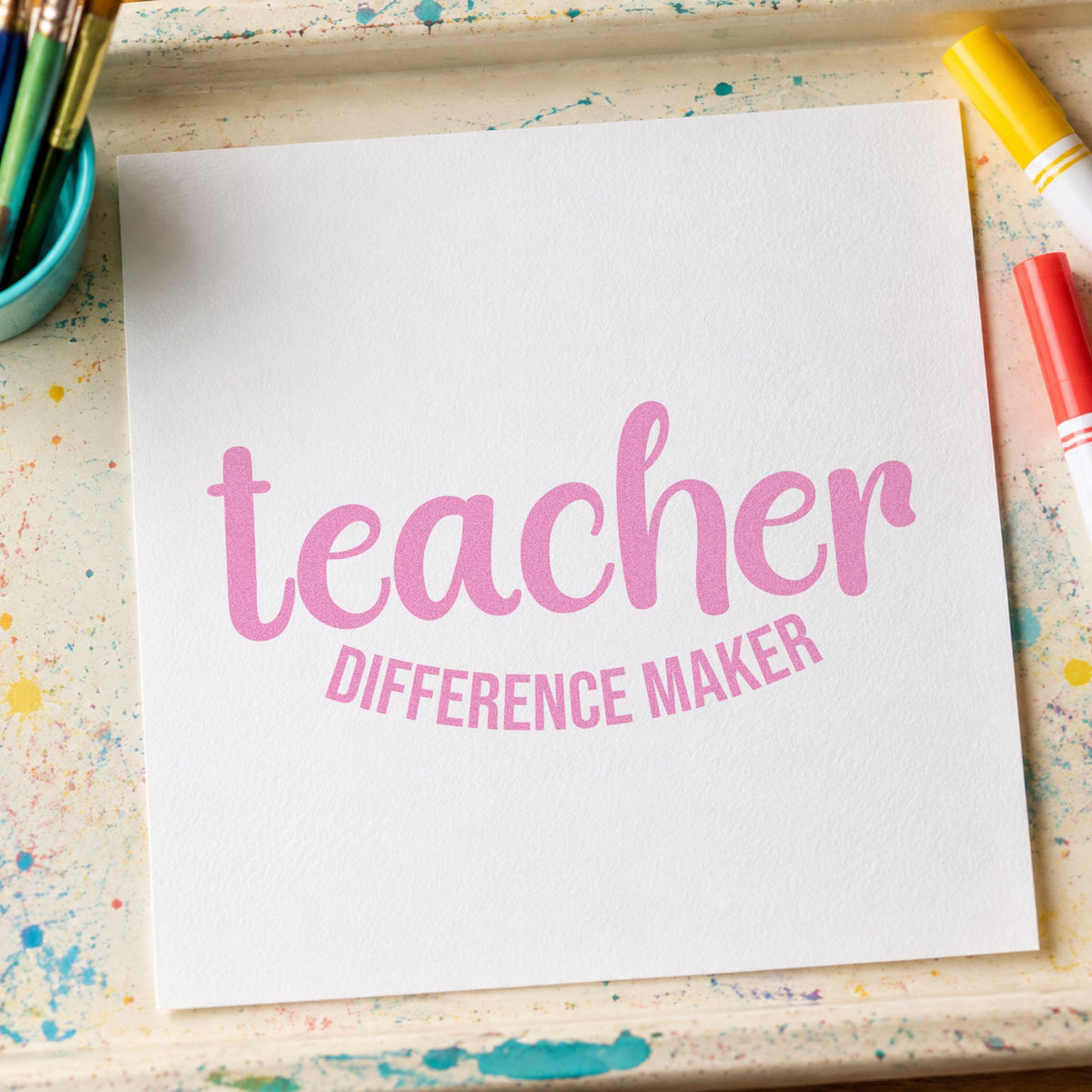Teacher Difference Maker craft stamp in purple ink on cardstock, an easy option for nomination form tags.