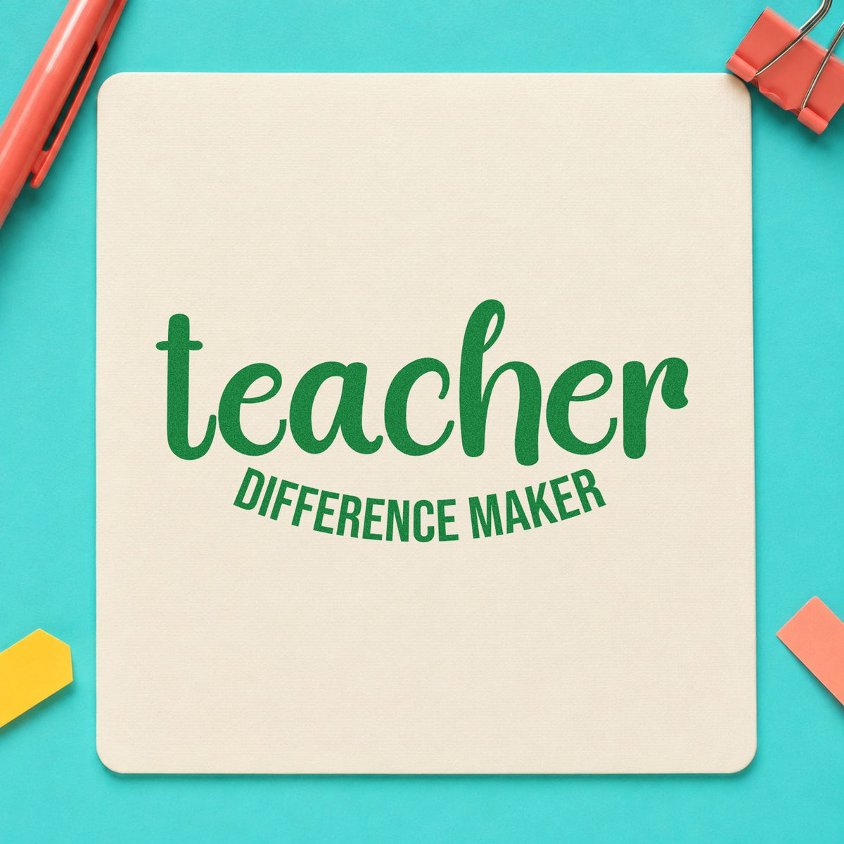 Teacher Difference Maker craft stamp imprint in green ink on a handmade project, one idea being impact report pages.