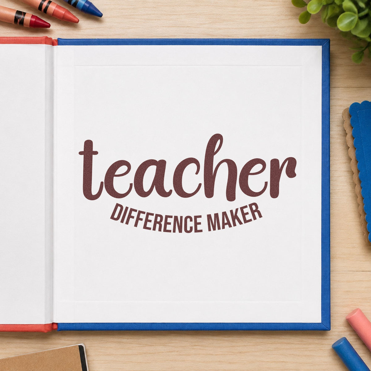 Teacher Difference Maker rubber stamp printed in brown ink, ready for award plaque labels and similar paper crafts.