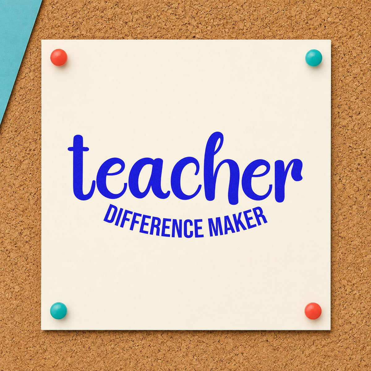 Teacher Difference Maker craft stamp in blue ink on cardstock, an easy option for district event totes.